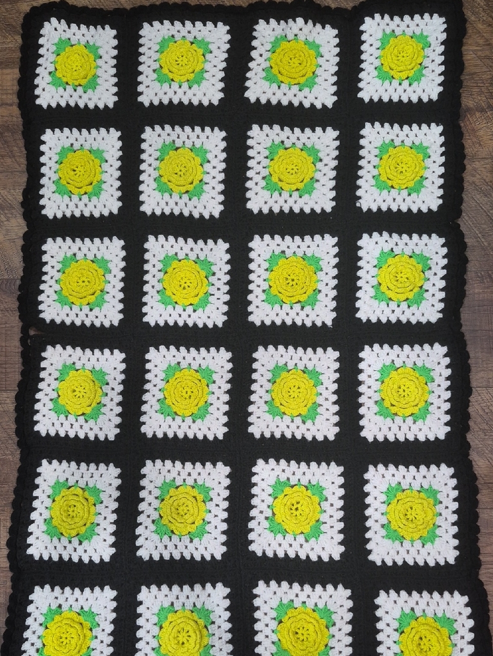 Vintage Handmade Crochet Yellow Rose Blanket Square Throw Cottagecore